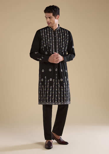 Black Resham Work Straight Mens Kurta and Pant Set