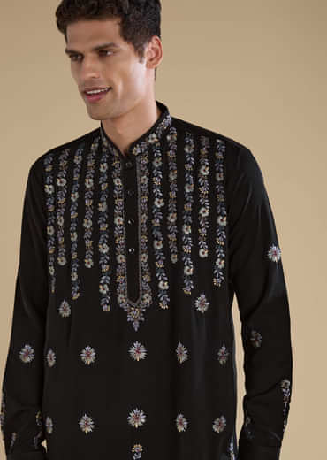 Black Resham Work Straight Mens Kurta and Pant Set