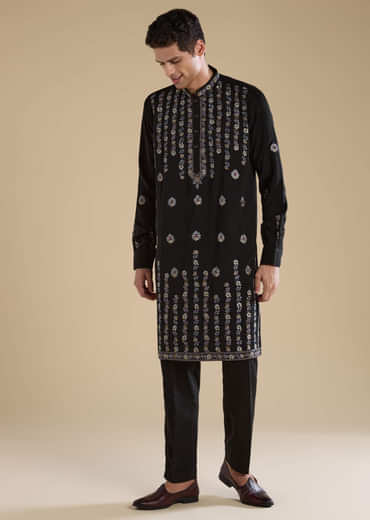 Black Resham Work Straight Mens Kurta and Pant Set