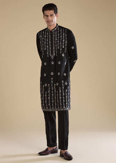 Black Resham Work Straight Mens Kurta and Pant Set