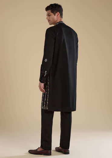 Black Resham Work Straight Mens Kurta and Pant Set