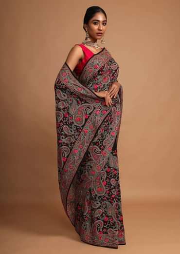 Black Saree In Georgette With Kashmiri Embroidery In Paisley And Floral Jaal