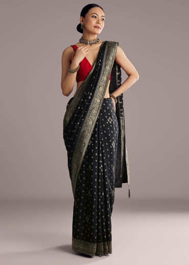 Black Saree With Woven Buttis In Brocade Weave