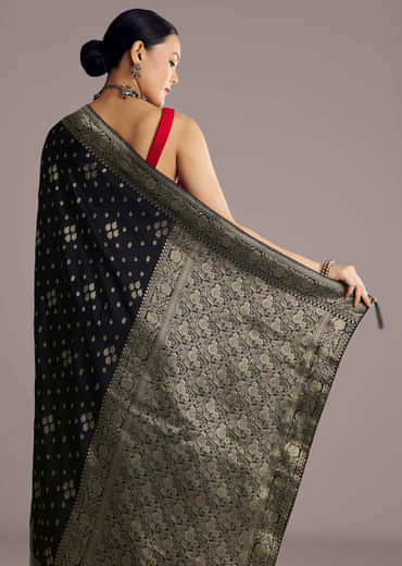 Black Saree With Woven Buttis In Brocade Weave
