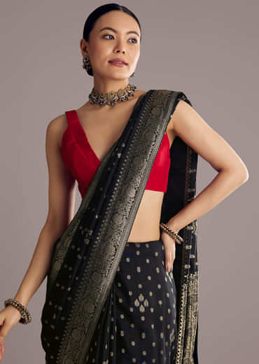 Black Saree With Woven Buttis In Brocade Weave