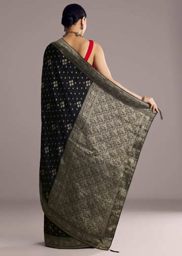 Black Saree With Woven Buttis In Brocade Weave