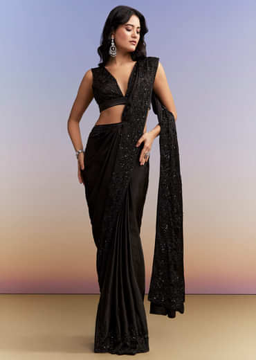 Black Satin Chinon Saree With Heavy Hand Embroidery