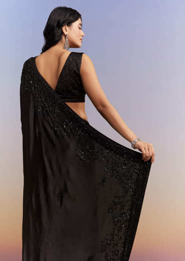 Black Satin Chinon Saree With Heavy Hand Embroidery