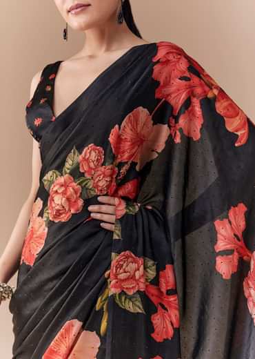 Black Satin Floral Printed Saree with Blouse Fabric