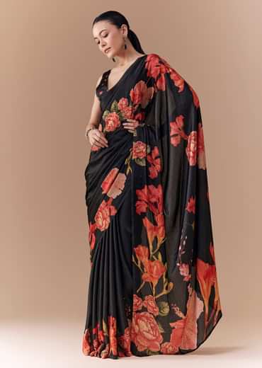 Black Satin Floral Printed Saree with Blouse Fabric