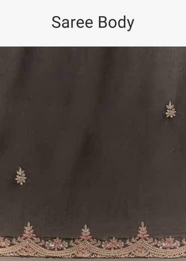 Black Satin Saree With Zardosi Sequins And Scallop Border