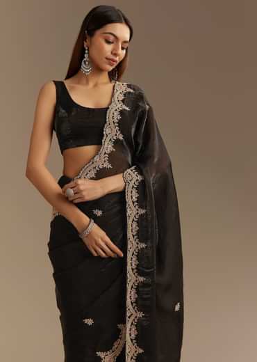 Black Satin Saree With Zardosi Sequins And Scallop Border