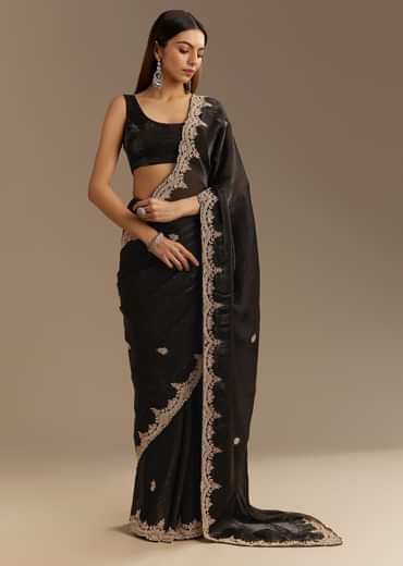 Black Satin Saree With Zardosi Sequins And Scallop Border