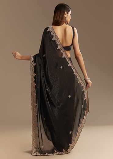 Black Satin Saree With Zardosi Sequins And Scallop Border