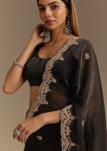 Black Satin Saree With Zardosi Sequins And Scallop Border