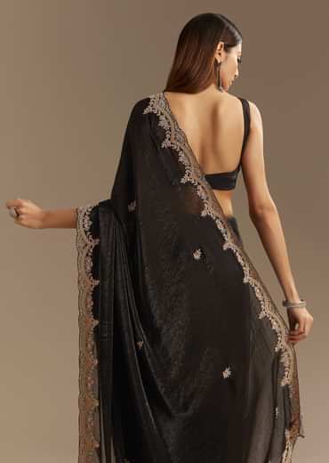 Black Satin Saree With Zardosi Sequins And Scallop Border