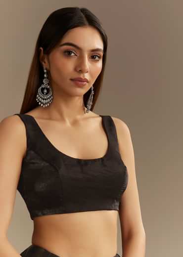 Black Satin Saree With Zardosi Sequins And Scallop Border