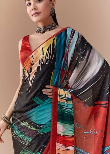 Black Satin Striped Printed Saree with Blouse Fabric