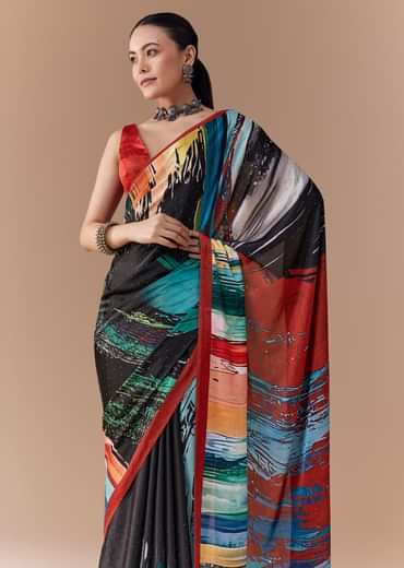 Black Satin Striped Printed Saree with Blouse Fabric
