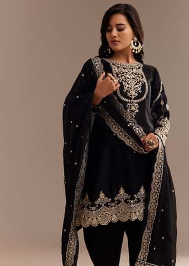 Black Satin Zari Embroidered Dhoti Kurta Set