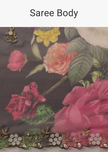 Black Organza Saree With Floral Print And Scallop Borders