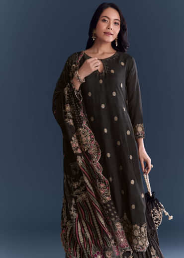 Black Silk Anarkali Suit With Zari Butti And Floral Print