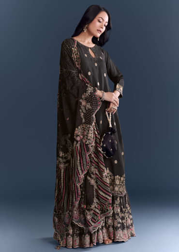 Black Silk Anarkali Suit With Zari Butti And Floral Print