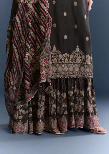 Black Silk Anarkali Suit With Zari Butti And Floral Print