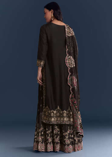 Black Silk Anarkali Suit With Zari Butti And Floral Print