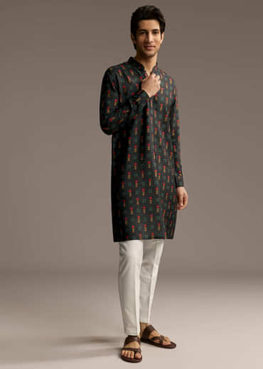 Black Silk Designer Kurta For Men With Buta Print