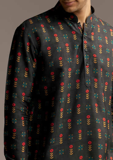 Black Silk Designer Kurta For Men With Buta Print