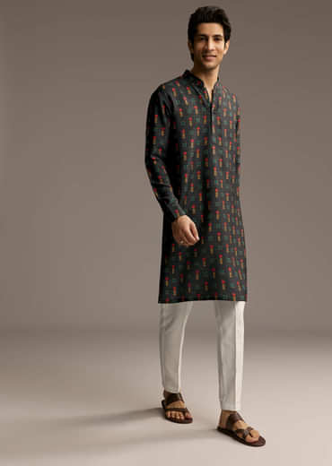 Black Silk Designer Kurta For Men With Buta Print