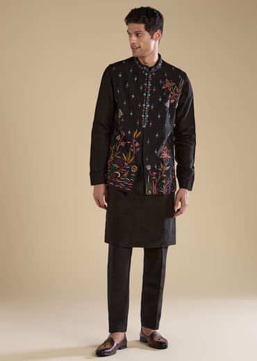 Black Silk Embroidered Mens Jacket Kurta and Pant Set
