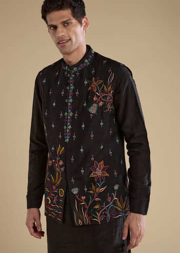 Black Silk Embroidered Mens Jacket Kurta and Pant Set