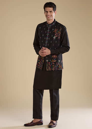 Black Silk Embroidered Mens Jacket Kurta and Pant Set
