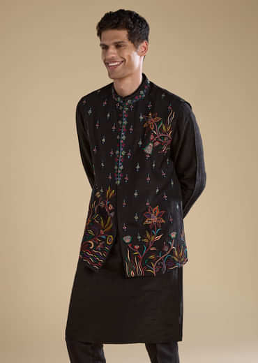 Black Silk Embroidered Mens Jacket Kurta and Pant Set