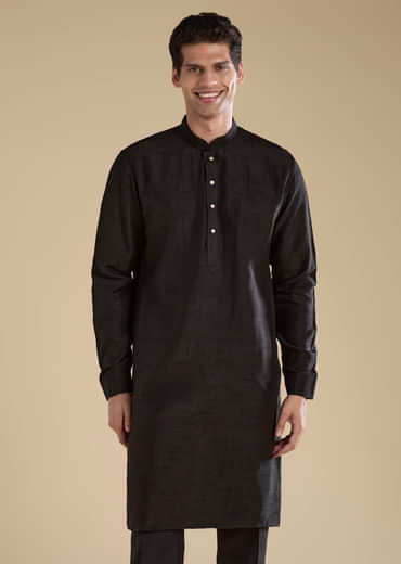 Black Silk Embroidered Mens Jacket Kurta and Pant Set