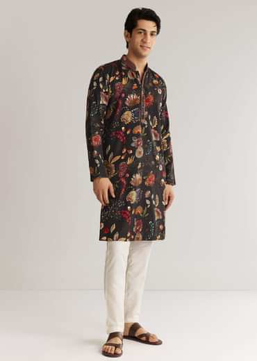 Black Silk Floral Resham Embroidered Kurta Set