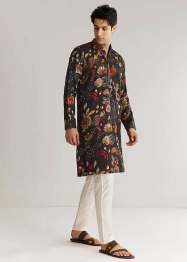 Black Silk Floral Resham Embroidered Kurta Set