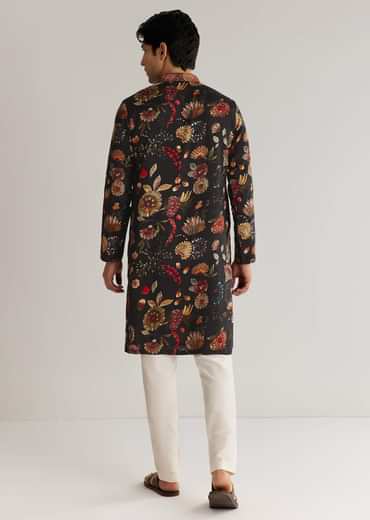 Black Silk Floral Resham Embroidered Kurta Set
