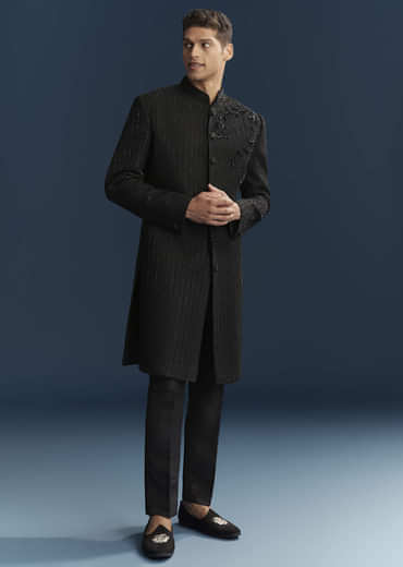 Black Silk Indo Western Set For Men With Patch Work And Embroidery