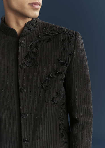 Black Silk Indo Western Set For Men With Patch Work And Embroidery