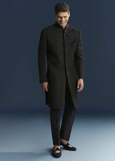 Black Silk Indo Western Set For Men With Patch Work And Embroidery