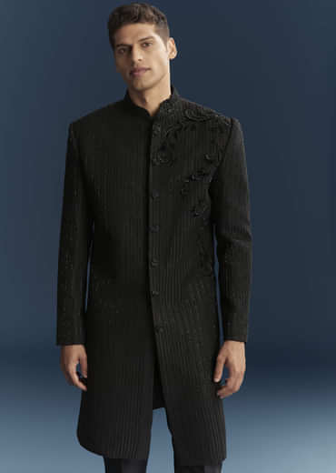 Black Silk Indo Western Set For Men With Patch Work And Embroidery
