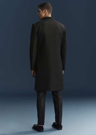 Black Silk Indo Western Set For Men With Patch Work And Embroidery