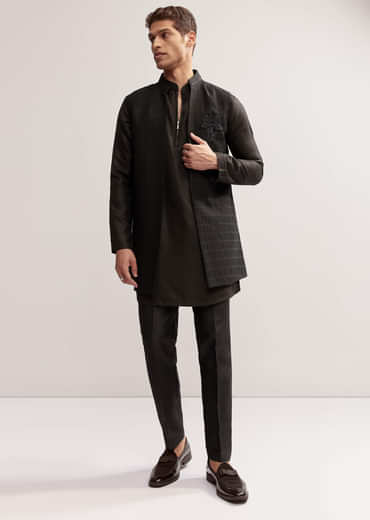 Black Silk Kurta Jacket Set For Men With Cutdana Embroidery