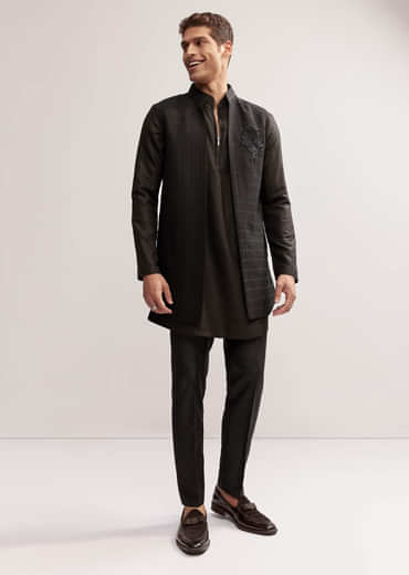 Black Silk Kurta Jacket Set For Men With Cutdana Embroidery