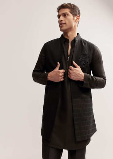 Black Silk Kurta Jacket Set For Men With Cutdana Embroidery