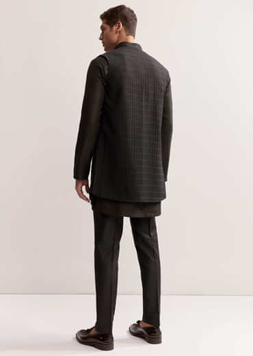 Black Silk Kurta Jacket Set For Men With Cutdana Embroidery