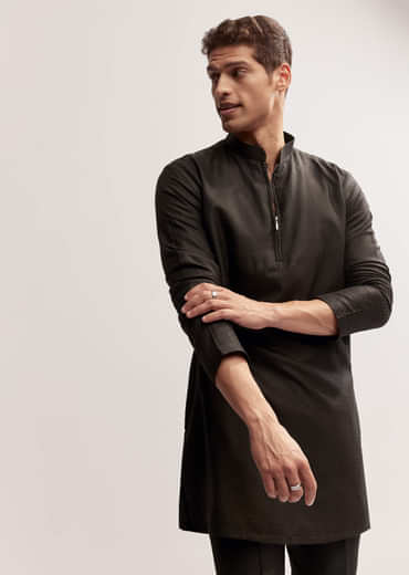 Black Silk Kurta Jacket Set For Men With Cutdana Embroidery